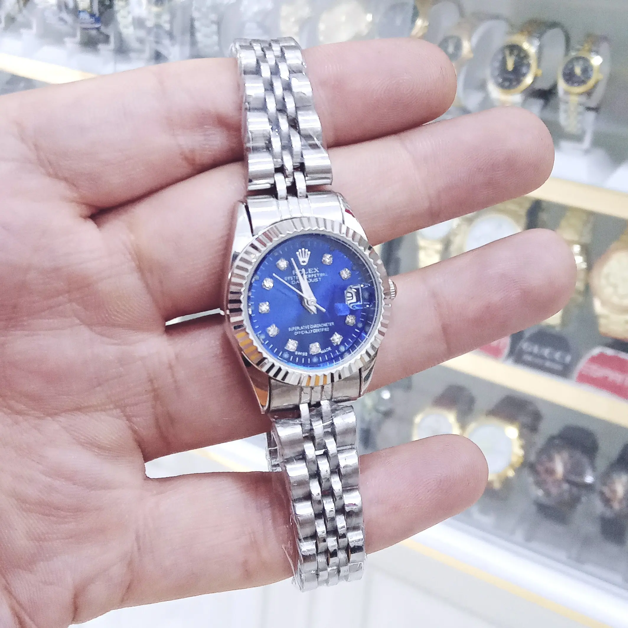 ساعت رولکس زنانه تقویم دار رنگ ثابت ضدآب صفحه آبی خاص استیل ارسال رایگان