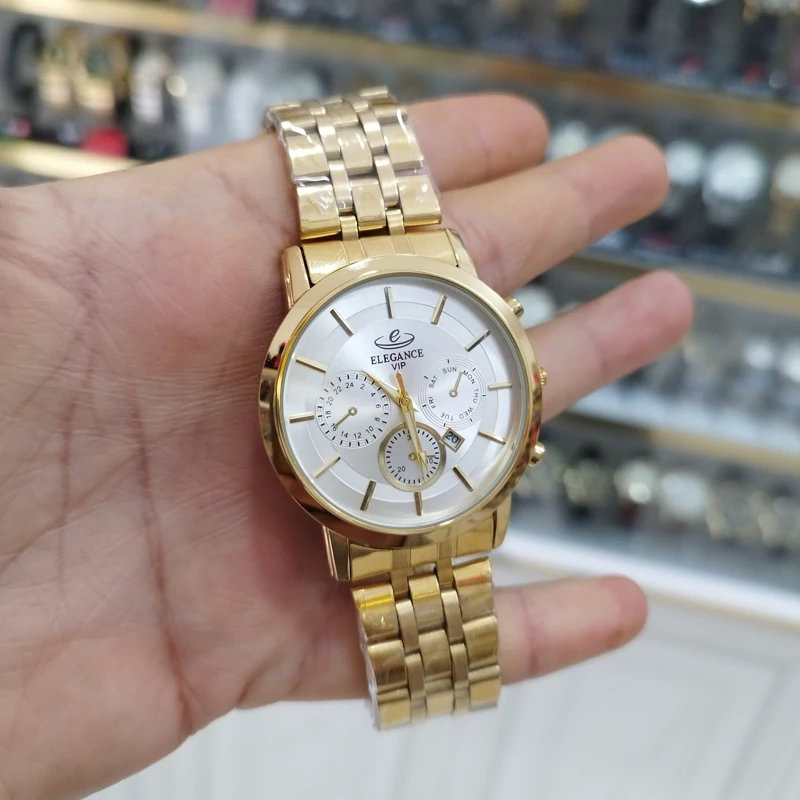 ساعت الگانس vip مردانه تقویم دار طرح 3 موتور استیل رنگ ثابت ضد آب با جعبه رایگان و باتری اشانتیون