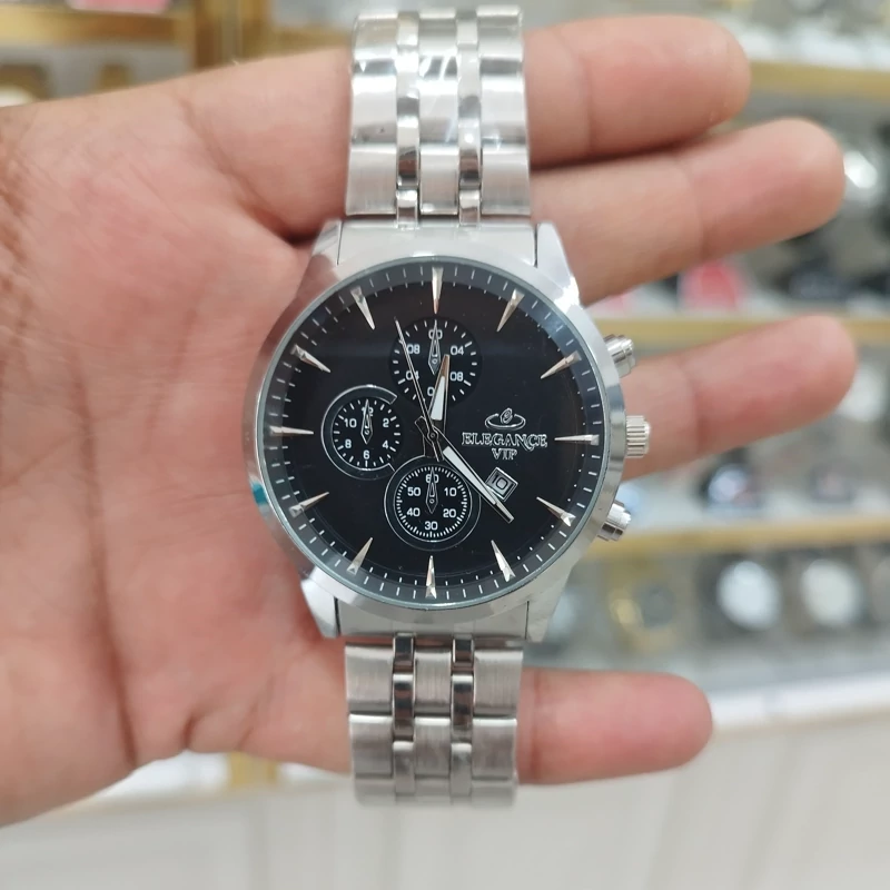 ساعت الگانس vip مردانه تقویم دار طرح 3 موتور استیل رنگ ثابت ضد آب با جعبه رایگان و باتری اشانتیون-